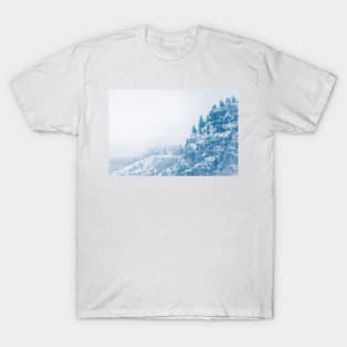 Winter Snow on Mountain Forest in Fog T-Shirt